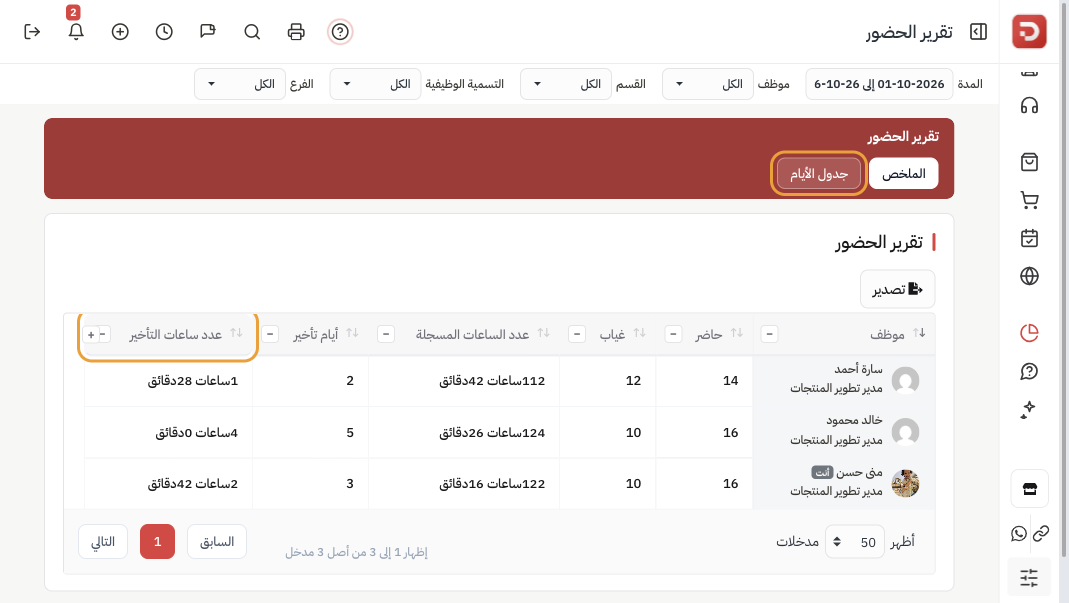ملخص تقرير الحضور مع زر جدول الأيام