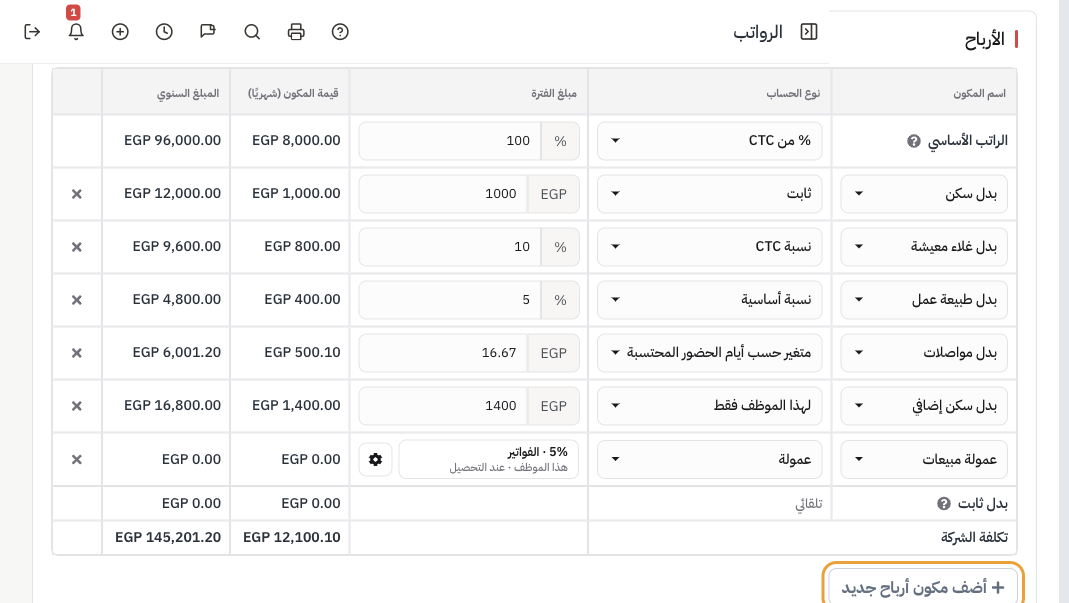 جدول الأرباح: بدل سكن وغلاء معيشة وطبيعة عمل ومواصلات وسكن إضافي وعمولة