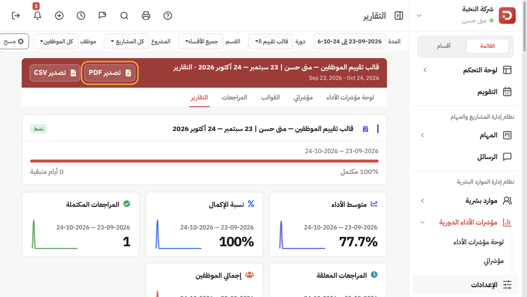 التقارير: فلتر المدة والدورة وتصدير PDF ونسبة الإكمال ومتوسط الأداء