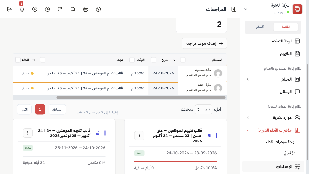 جدول المراجعات: صفوف معلّقة لخالد وسارة والدورتان النشطتان