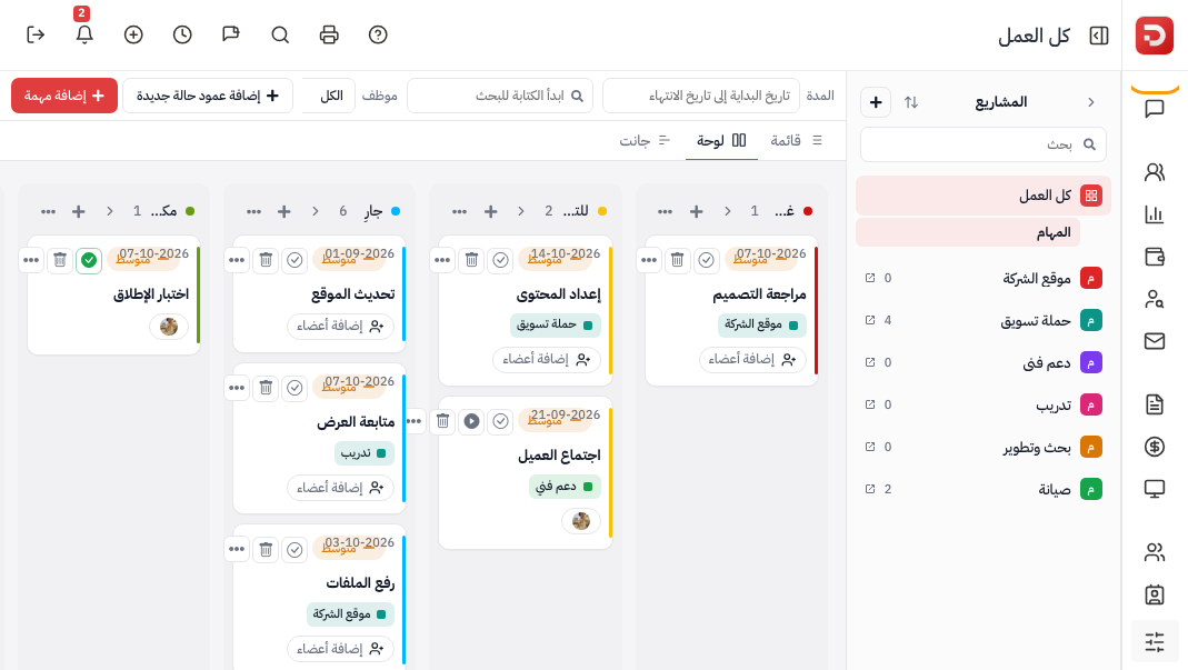 لوحة المشاريع والمهام: كل العمل، شريط المشاريع، اللوحة محددة، بطاقات المهام