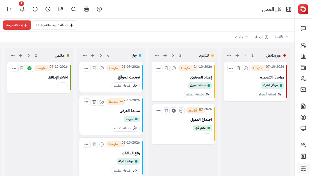 اللوحة والشريط مطوي: غير مكتمل، للتنفيذ، جارٍ، مكتمل، مع بطاقات المهام